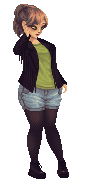 Pixel art illustration feminine person with brown hair wearing a black leather jacket, green shirt, and denim shorts, brushing their hair from their face.