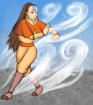 A digital illustration of a person with long brown hair with an blue arrow on their forehead, wearing an orange and yellow outfit with brown boots, in a martial arts stance controlling air currents with their body.