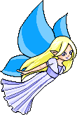 A faerie with blonde hair, blue wings, and a light blue dress.