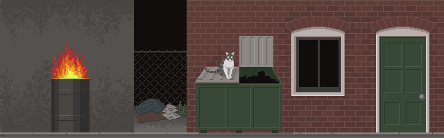 An pixel art illustration of an alley with a flaming barrel and a cat sitting on a dumpster.