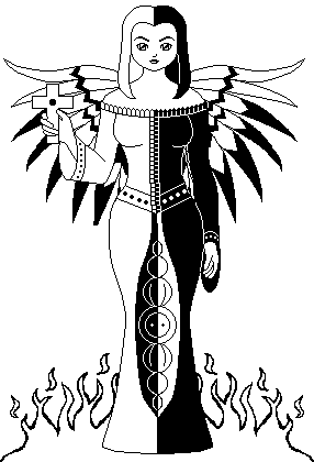 A black and white drawing of an angel with hair that is black on one side, and white on the other, and a dress that is similarly split with mirrored black and white patterns. She is holding a cross in one hand, while there are flames at the bottom of the image.