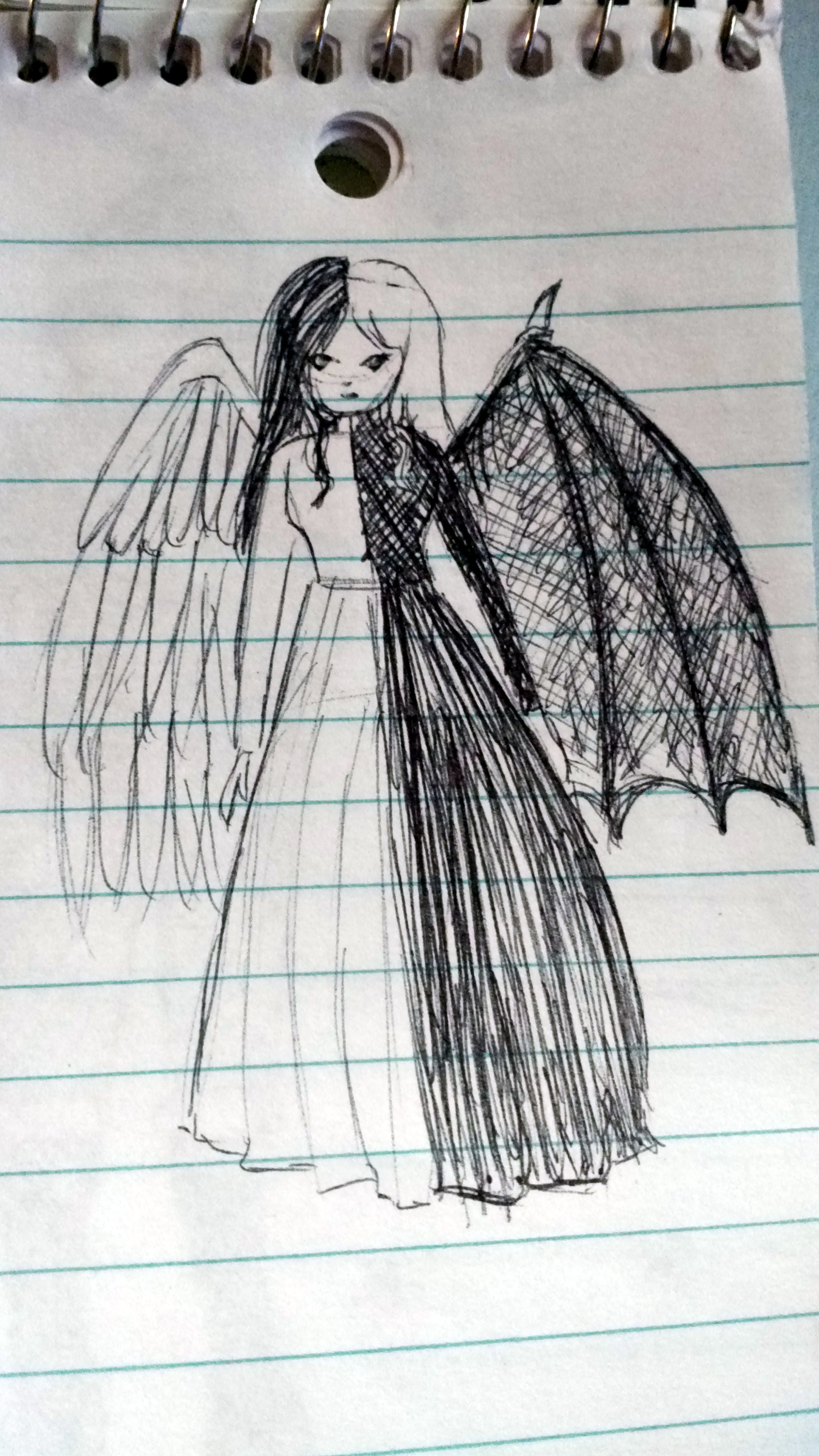 A sketch in black ink on notebook paper with an angel with one white feathered wing, and one black bat wing. Her hair is black on one side, and white on the other, as is the dress that she wears