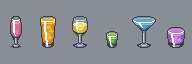 Pixel icons illustrating a selection of brightly colored mixed drinks in various glasses.