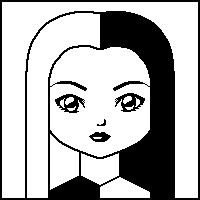 A black and white portrait of a woman with black hair on one side, and white on the other.