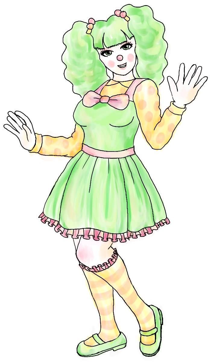 A female clown with green pigtails, a pink and green pinafore dress, a yellow shirt with pink spots, pink and yellow striped socks, and green shoes.