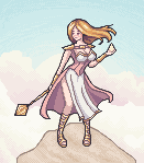 A woman with blond hair wearing a pink and white dress with gold shoes and accessories, holding a golden mace, standing on a rocky outcrop with pink clouds in the background.
