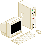 An old beige computer with a tower, CRT monitor, keyboard, and mouse, rendered in isometric perspective.