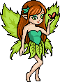 A faerie with brown hair and light green leaf wings wearing a dark green leaf hair accessory, a dress with a dark green bodice and light green leaf skirt. She has her hand out with a butterfly sitting it.