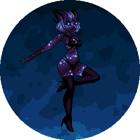 Pixel art illustration of a woman with ram horns and a galaxy pattern on her skin floating in space.