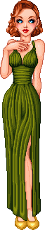 A pixel art illustration of a woman with red hair in an elegant green dress.