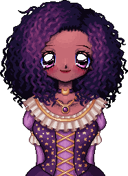 A pixel art portrait of a young woman with curly purple hair in a princess dress.