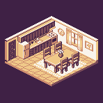 Isometric pixel art of a simple kitchen, rendered in shades of yellow, cream, and brown.