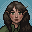 Pixel art portrait of an elven woman with long brown hair, green eyes, and a green cloak.