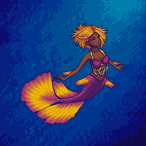 A pixel art mermaid with golden hair and a purple and gold tail. She wears a purple shell top with gold chains and is floating in the ocean.