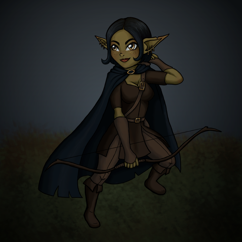 A digital illustration of a goblin woman with short black hair and yellow eyes, smiling. She is wearing brown leather armor and a black cape with a gold clasp. She is holding a bow and pulling an arrow from her quiver.