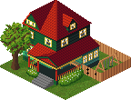 Isometric pixel illustration of a two story Victorian house with green siding, a red roof, and a wraparound porch. There is a tree in the front yard and a swing set in the back.