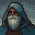 Pixel art portrait of an old wizard with a white beard and a blue hood pulled over his head.