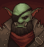 Pixel art portrait of a grizzled orc wearing an eye patch, an earring, a brown jacket with spikes, and a red scarf.
