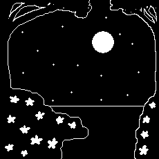 Black and white pixel art scene of the moon reflecting on a lake. The scene is framed by the silhouettes of two trees. But this one is not as nice as the picture above.