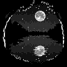 Black and white pixel art scene of the moon reflecting on a lake. The scene is framed by the silhouettes of two trees.