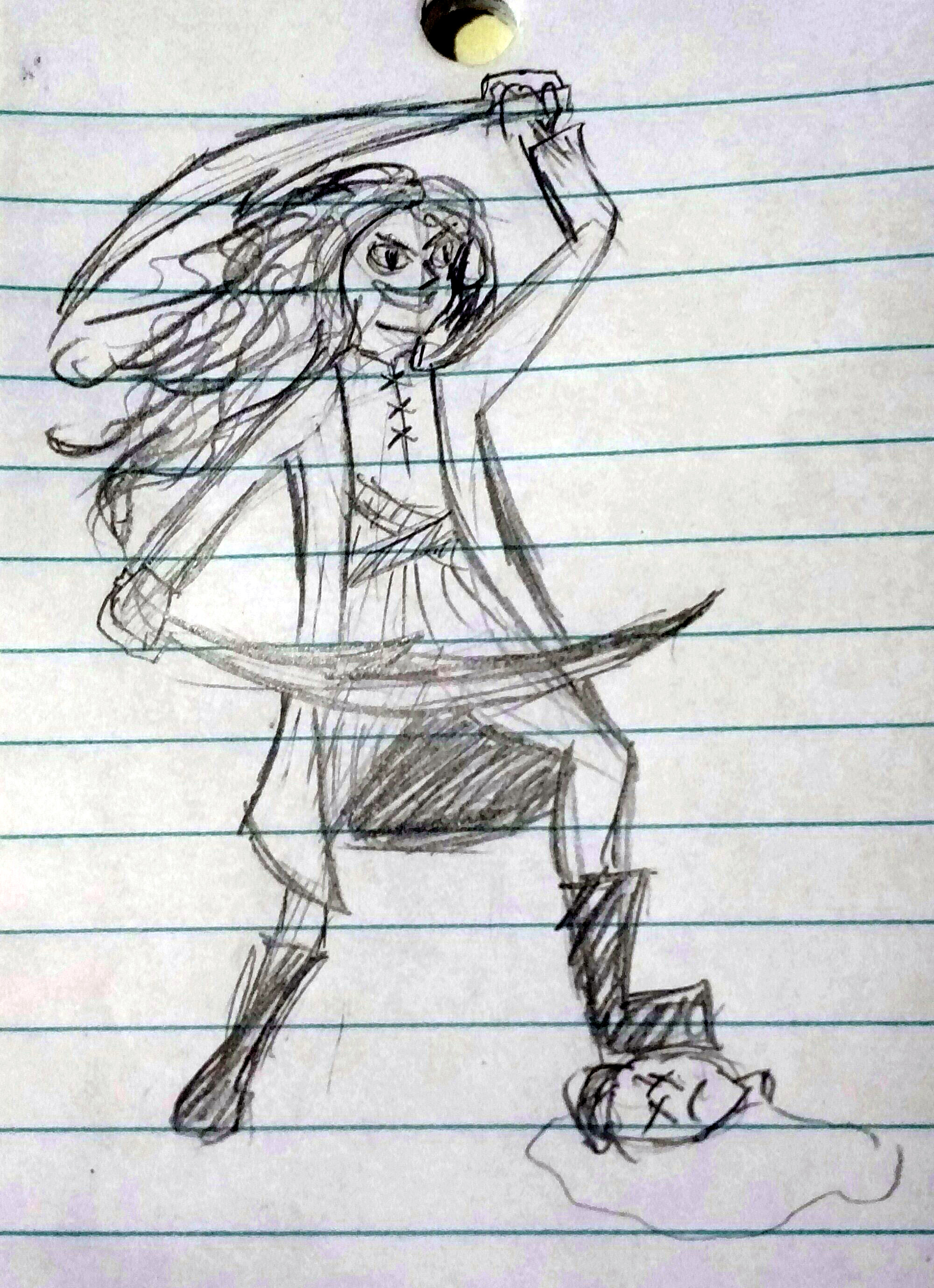 A pencil sketch of a pirate with long hair wielding two swords, with their foot on top of a head with a sad face and X's for eyes.