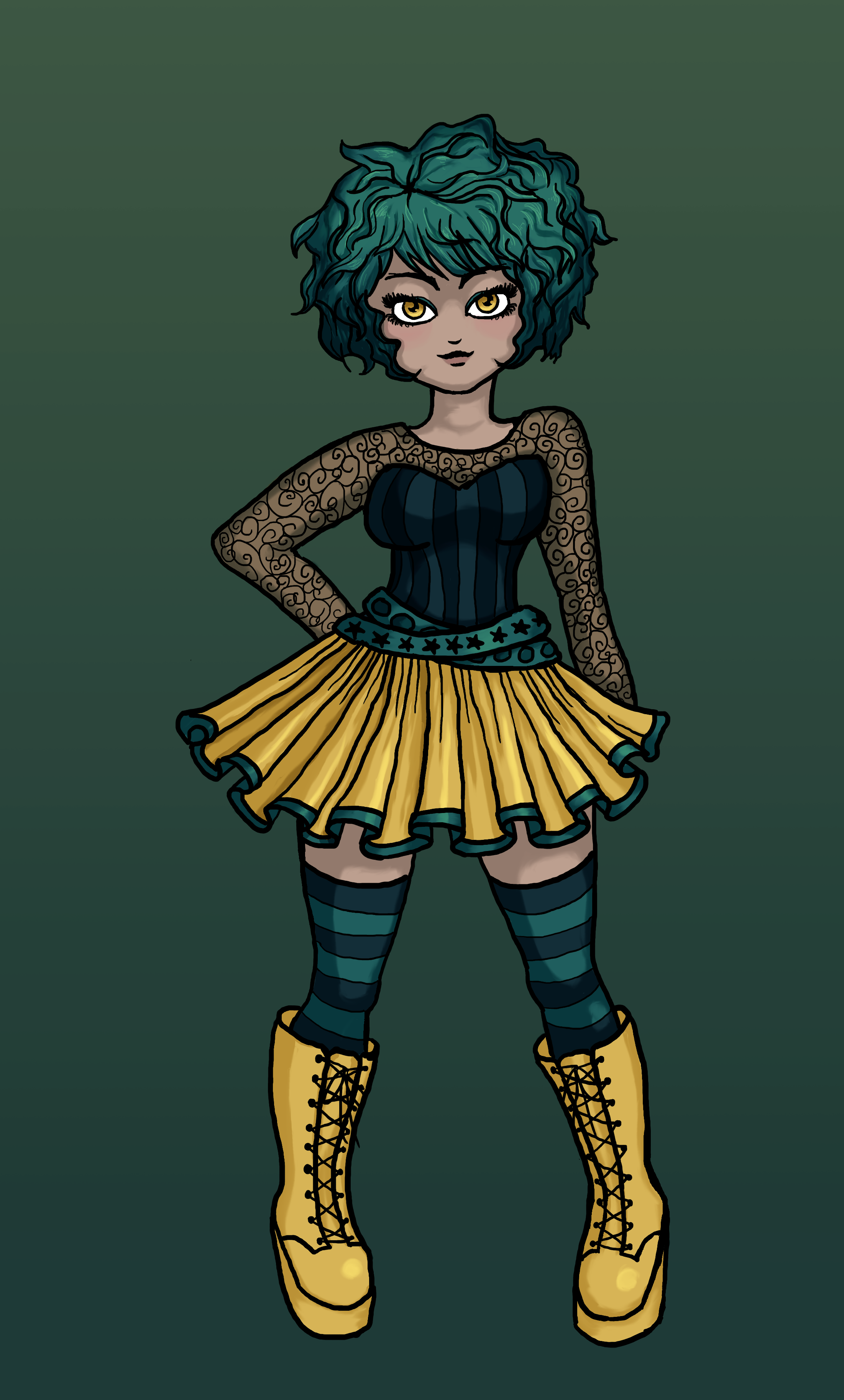 A digital illustration of a woman with curly green hair and yellow eyes. She is wearing a teal corset top over a lace shirt, green studded belts, a yellow skirt with green trim, green and teal striped socks, and yellow boots.