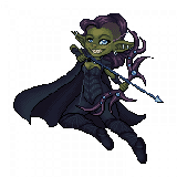A pixel art goblin with a purple ponytail, wearing dark leather armor and aiming a fancy purple bow with blue gems.
