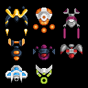 Eight spaceship pixel sprites in various whimsical shapes and colors.