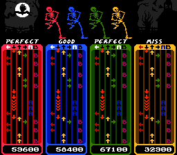 A mockup of a rhythm game with NES-style graphics with four different colored skeletons.