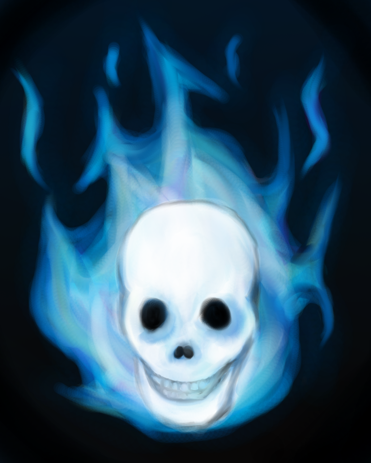 A digital painting of a skull surrounded by blue flames.