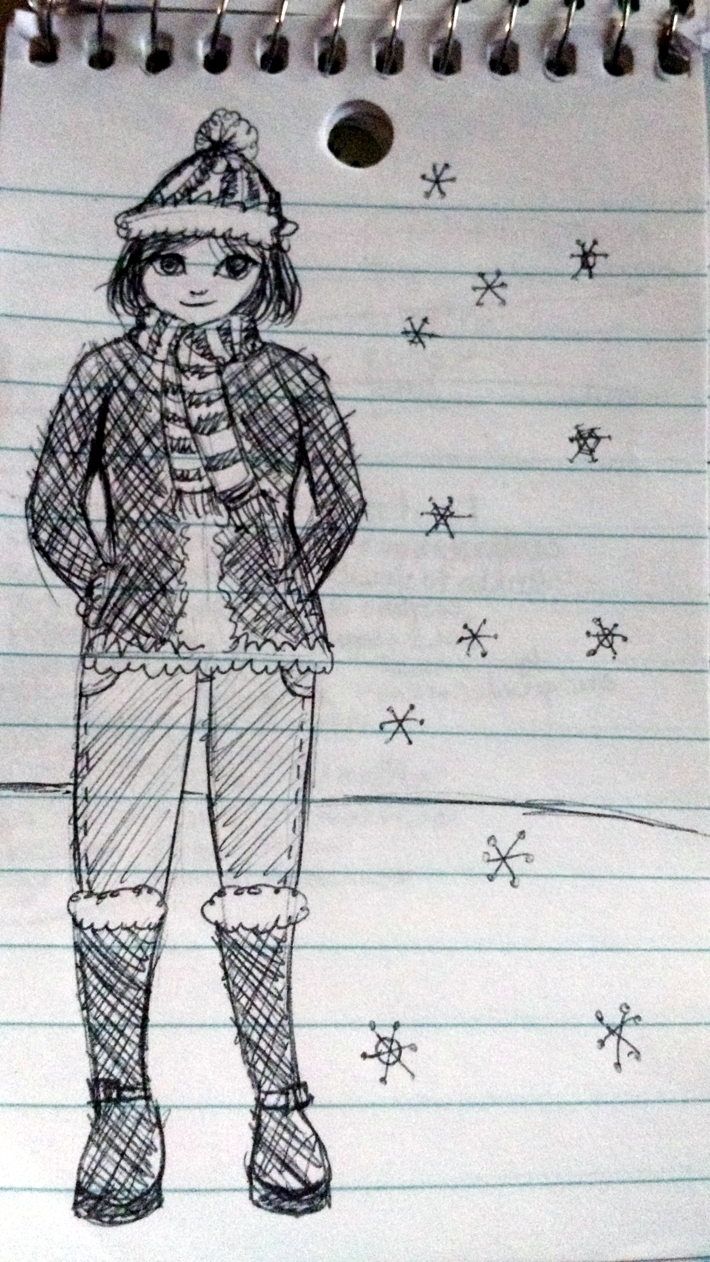 A sketch of a woman with chin-length hair wearing a winter coat, pom-pom hat, scarf, jeans, and boots.