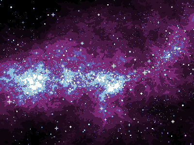 Pixel art of a space scene with purple clouds and stars.
