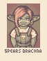 Pixel art portrait of a goblin with short brown hair wearing a cream colored t-shirt with little mushrooms on it and green overalls with a big mushroom on the front.