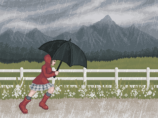 A girl in a red hooded jacket, plaid skirt, and red boots, holding a black umbrella, walking down a road in heavy rainfall. Behind her is an intense, cloudy, gray sky and mountains fading into the mist. Next to the road is a white fence and white flowers.