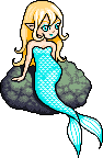 A mermaid with long blonde hair and a blue tail sitting on a rock.