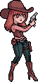 Pixel art of a cowgirl with red hair wearing a brown hat, pink shirt, brown vest, blue jeans, and brown boots. She has a holster on her hip and is holding a revolver.