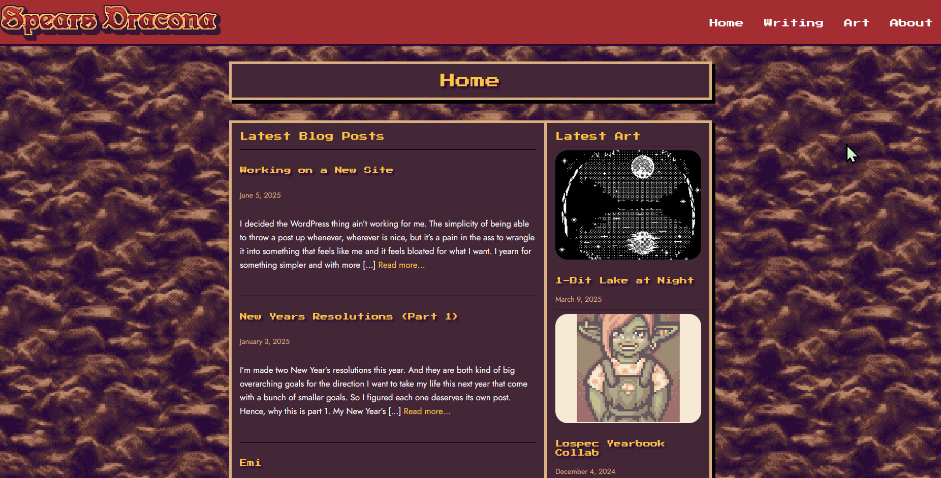 A screenshot of a website with a rocky textured pixel background, a red header that says "Spears Dracona" in dark red text with gold trim, a page header that says "Home", and sections for latest blog posts and latest art.