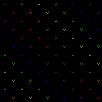 Bright rainbow hearts on a black background.