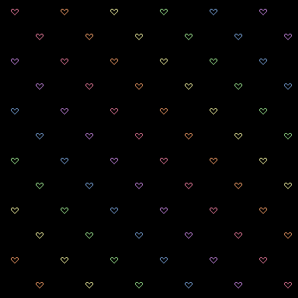 Pastel rainbow hearts on a black background.